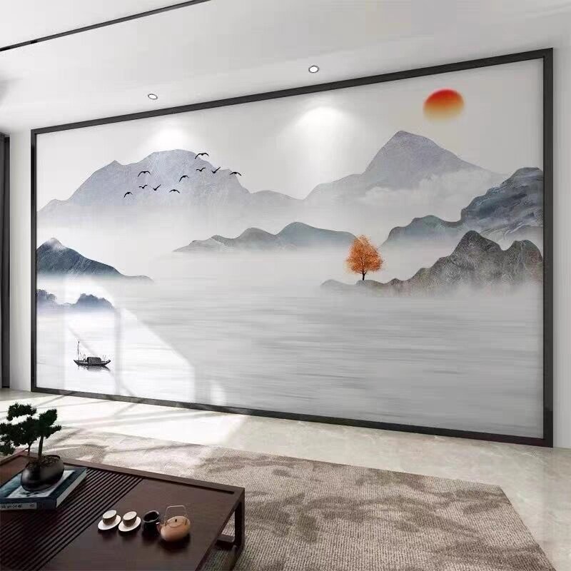 新中式客厅竹木纤维板电视背景墙现代集成墙板水墨山水画扣板