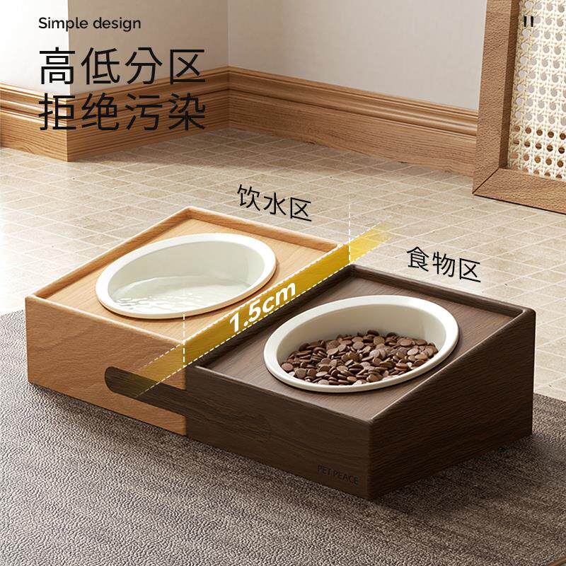 小狗碗狗盆防打翻双碗喝水碗一体食盆猫碗陶瓷实木质碗架宠物餐桌