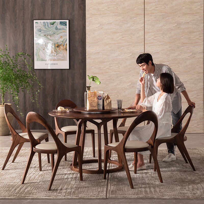 实木圆桌新中式黑胡桃木餐桌圆形家用餐厅家具餐桌椅组合北欧桌子