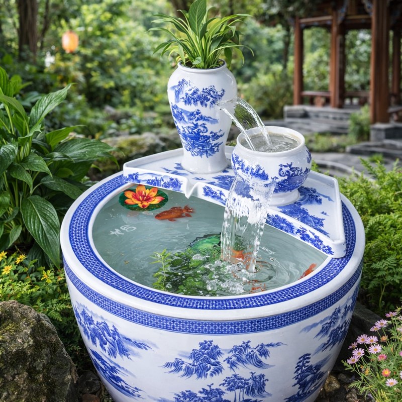 景德镇青花瓷流水鱼缸客厅阳台庭院水景摆件陶瓷鱼缸特大瀑布流水