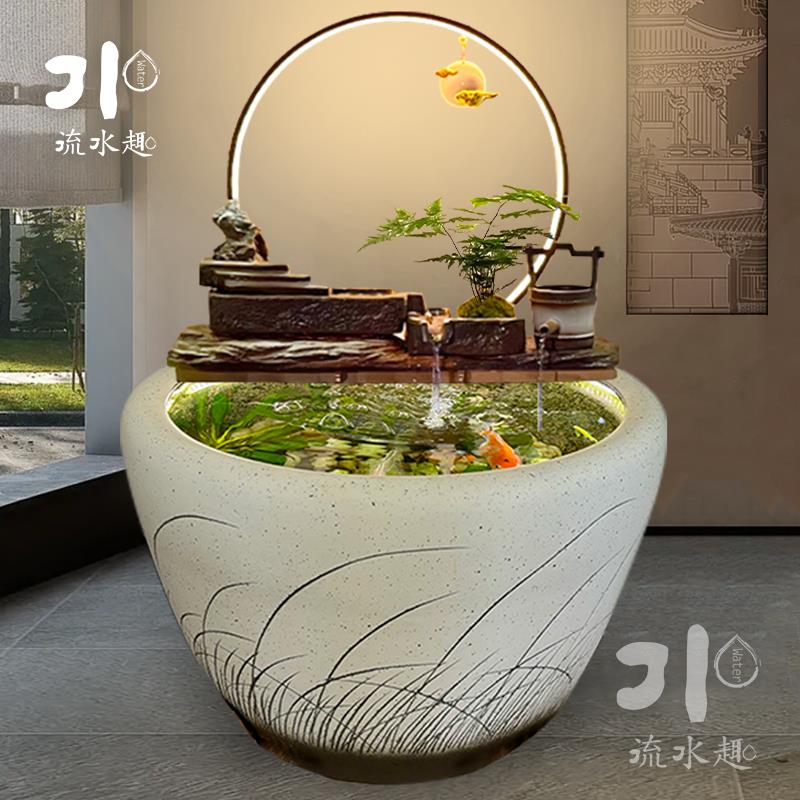 生态鱼缸陶瓷罐开口循环流水配件庭院花园造景流水循环摆件