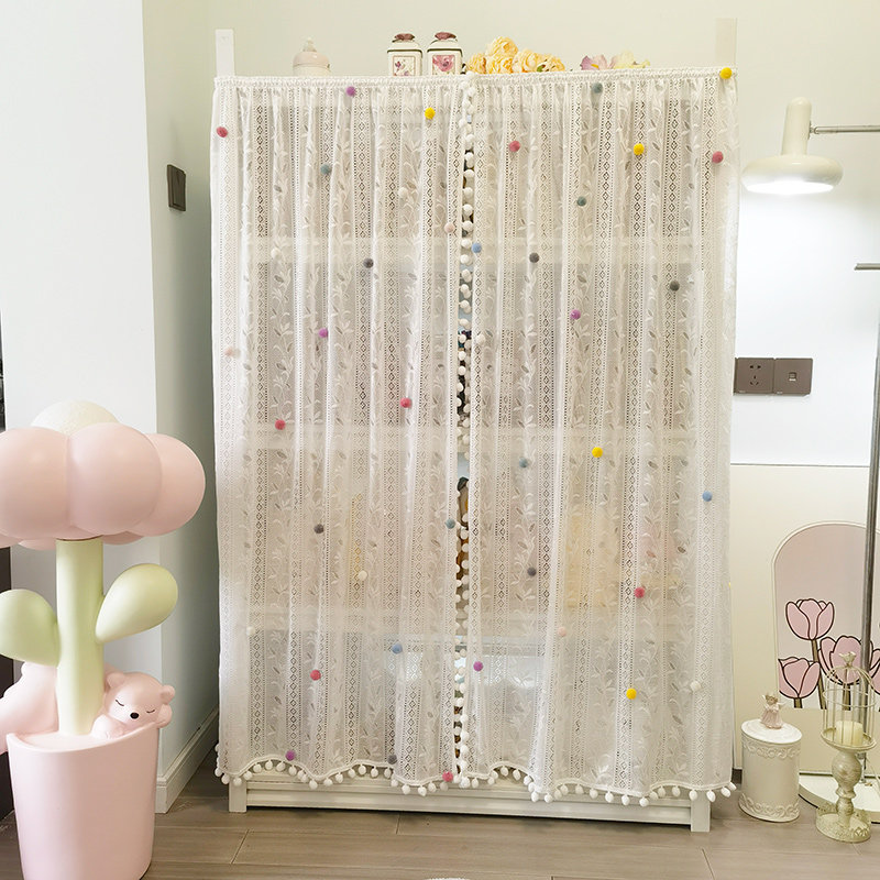 毛球花边蕾丝柜帘置物架防尘帘窗户帘卧室家用遮光柜子帘遮挡纱帘