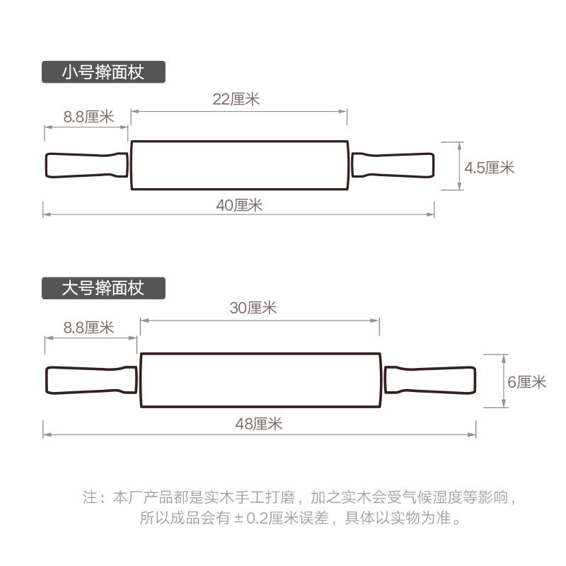 进口实木擀面杖滚轴省力走锤面棒擀饺子皮面棍大小号家用烘焙工具