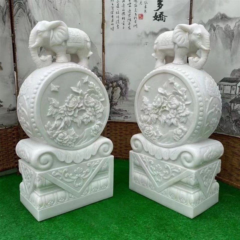 石雕门墩抱鼓石一对汉白玉大象石鼓仿古青石貔貅家用狮子门口摆件