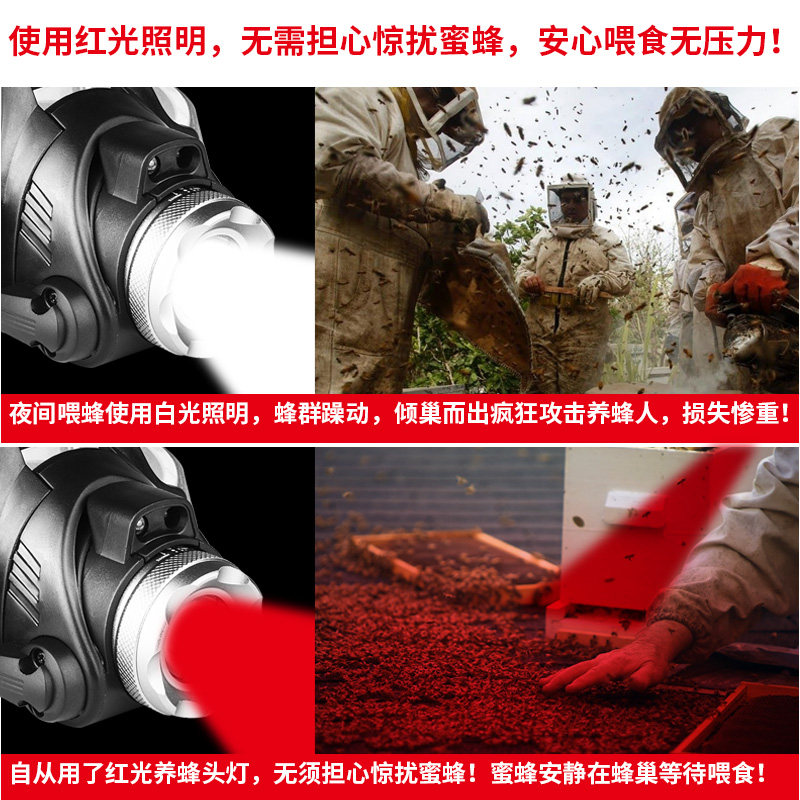 养蜂专用LED红光头灯红色强光充电远射感应头戴式超亮查蜂手电筒