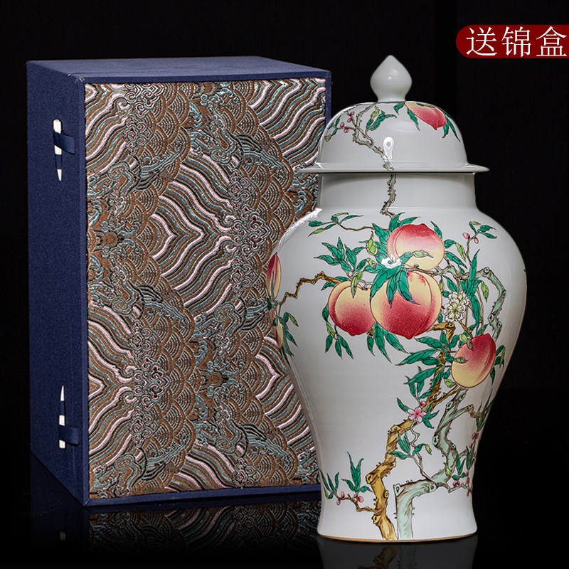 景德镇陶瓷器将军罐摆件粉彩九桃花瓶中式储物罐客厅博古架装饰品