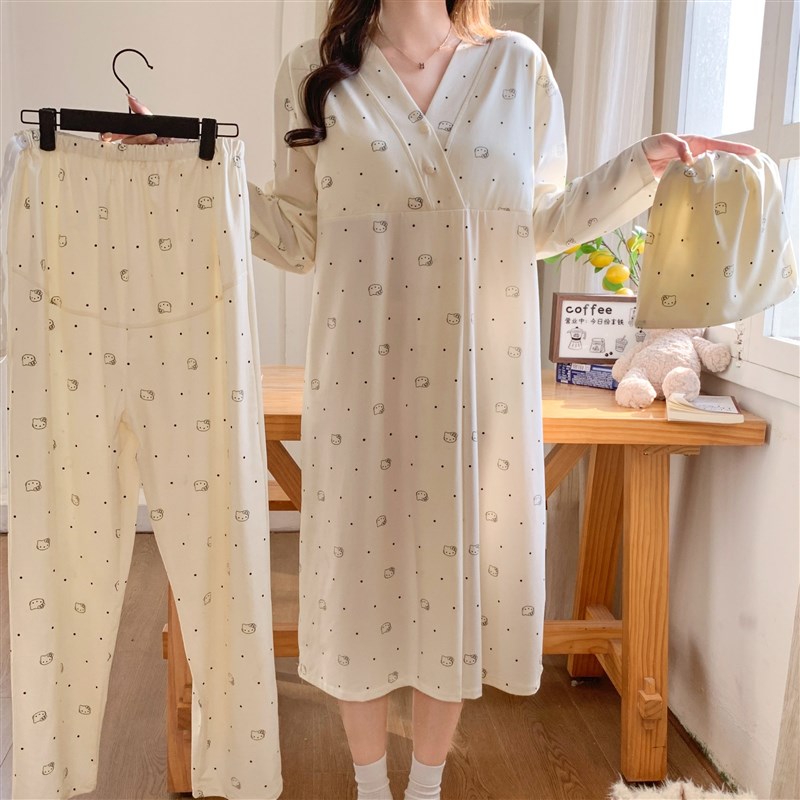 带胸垫孕妇待产裙产后哺乳睡裙孕期产妇睡衣入院月子服春秋家居裙