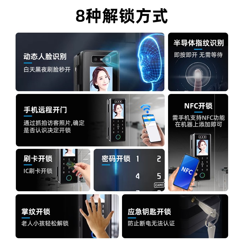 动态人脸识别玻璃门锁免开孔双门无框有框单门智能电子指纹密码锁