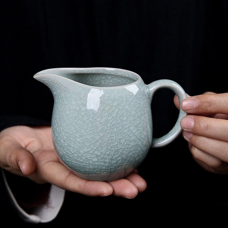 汝窑冰花功夫茶具配件公道杯匀杯一体开片陶瓷分茶器茶海过滤公杯
