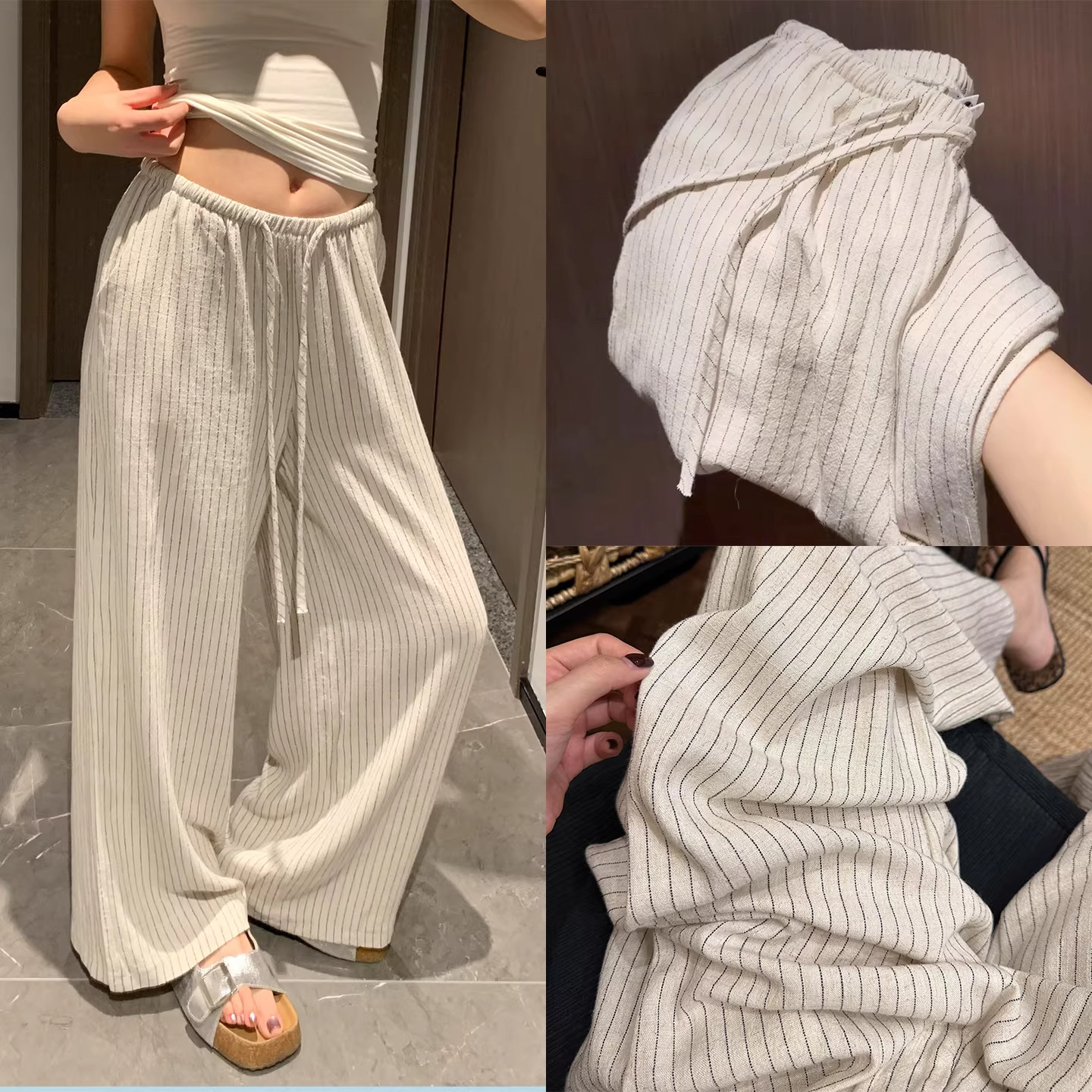 米杏色亚麻条纹阔腿裤女夏季薄款小个子高腰垂感直筒裤宽松休闲裤