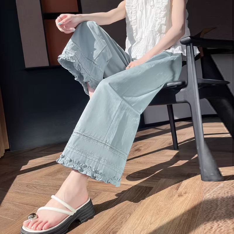 浅蓝色拼接木耳边阔腿裤女夏季薄款韩版高腰宽松休闲九分直筒裤子