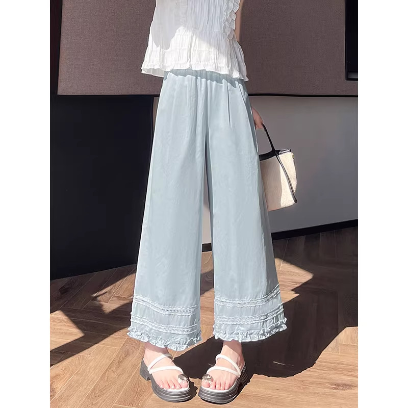 浅蓝色蕾丝木耳边阔腿裤女夏季薄款高腰宽松慵懒直筒九分休闲裤子