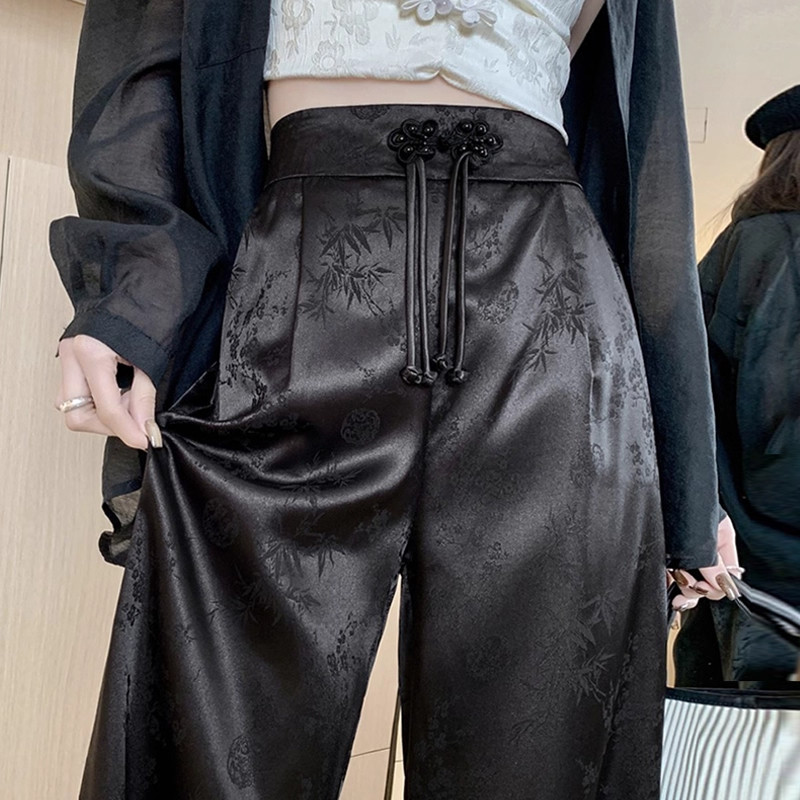 新中式国风提花阔腿裤女夏季薄款高腰宽松显瘦垂感冰丝休闲直筒裤