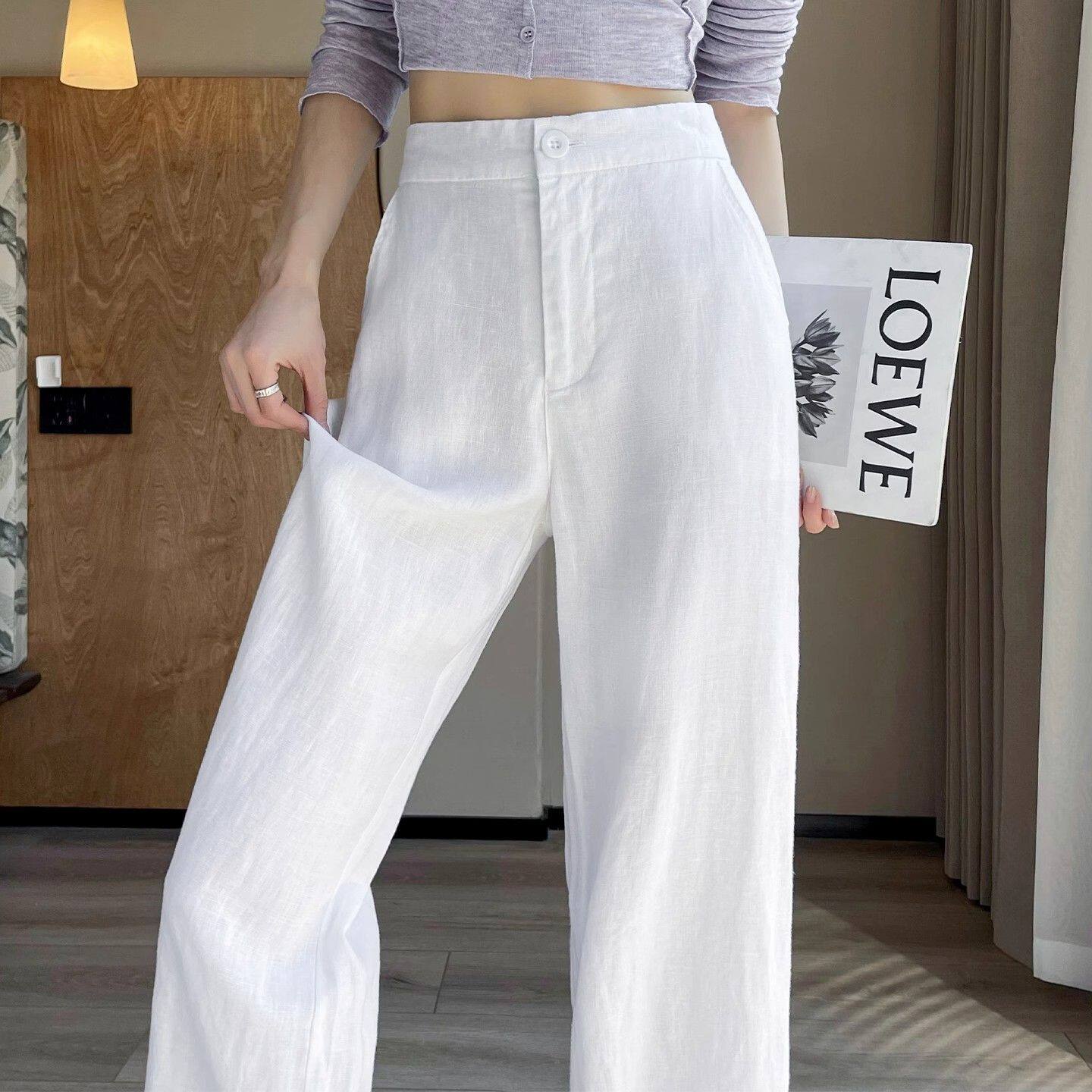 白色亚麻阔腿裤女夏季薄款高腰垂感窄版九分裤宽松显瘦休闲直筒裤