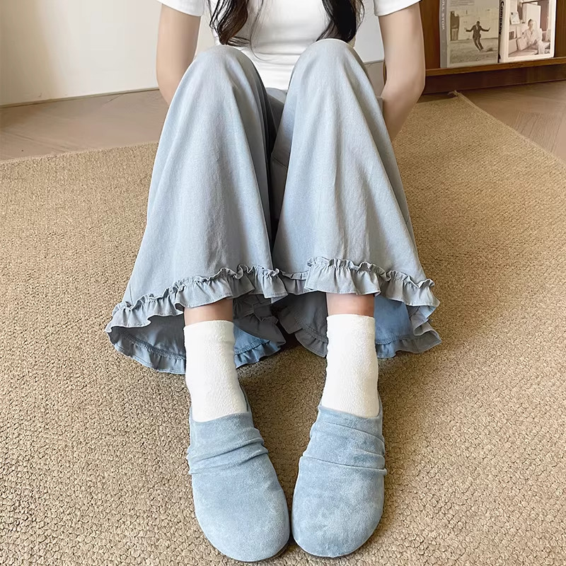 韩系木耳边阔腿裤女夏季薄款高腰宽松显瘦慵懒风小个子休闲九分裤