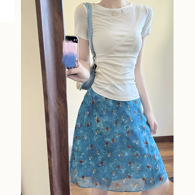 法式蓝色碎花A字包臀半身裙女夏季高腰显瘦百搭中长款蓬蓬蛋糕裙