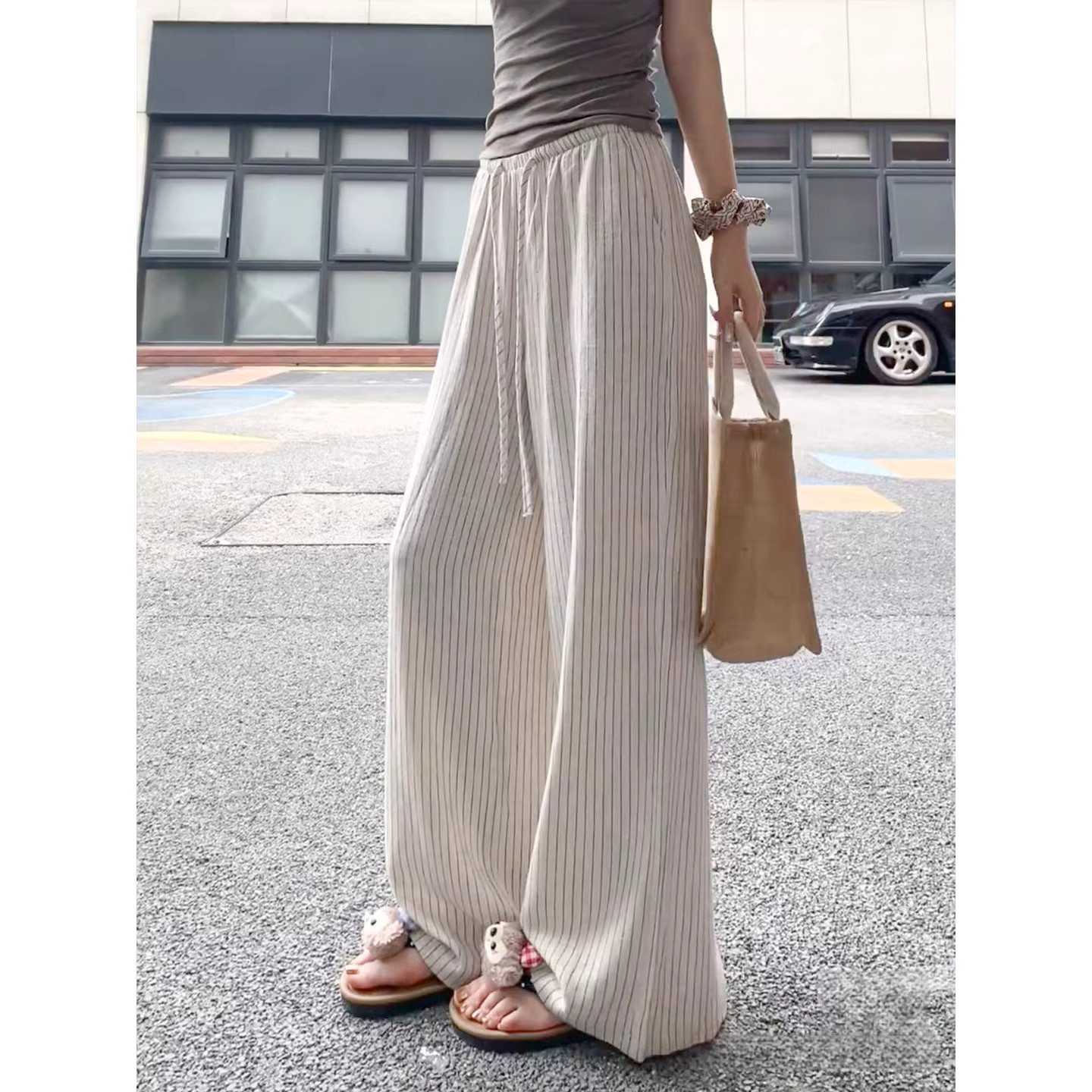 杏色条纹亚麻阔腿裤女夏季薄款小个子高腰宽松显瘦垂感直筒休闲裤