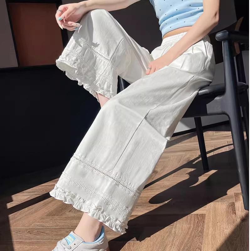 白色蕾丝花边阔腿裤女夏薄款韩系高腰宽松小个子直筒休闲九分裤子