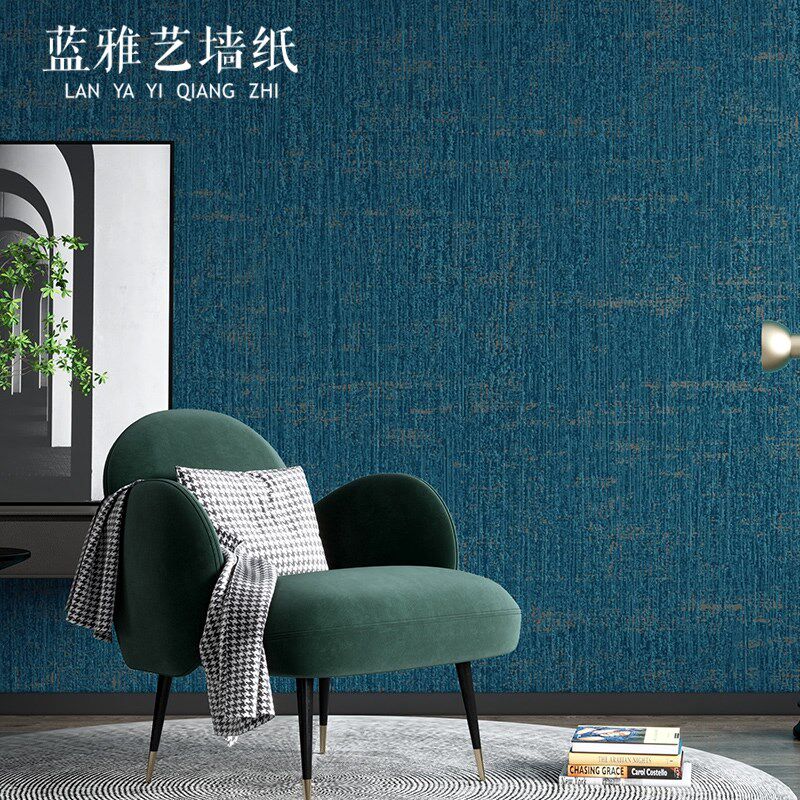 现代简约斑驳竖纹复古蓝墙纸加厚无纺布米黄素色客厅高档卧室壁纸