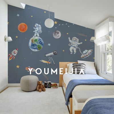 定制壁画宇宙探索儿童房背景墙卡通壁纸男孩卧室床头无缝墙纸墙布