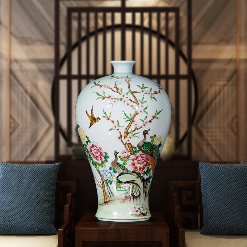 景德镇陶瓷器 仿古青釉花瓶手绘粉彩花鸟梅瓶 家饰工艺品摆件