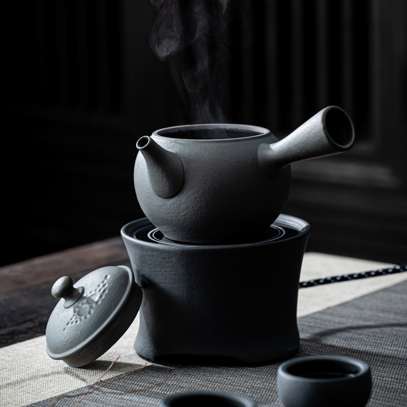 石魂火山石黑白茶围炉煮茶器古法茶具套装陶瓷碗家用电陶炉煮茶壶