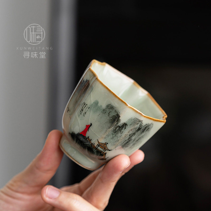 青玉汝窑精工手绘品茗杯高档仿古小茶杯主人杯茶盏陶瓷功夫茶具