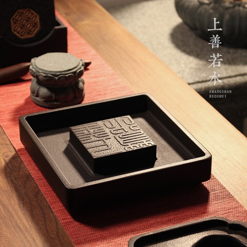 天然乌金石壶承 复古简约石头黑石方形小茶盘茶托 上善若水石托盘