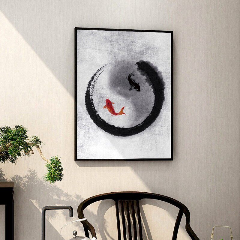 太极图挂画阴阳鱼新中式禅意装饰画抽象茶室玄关背景墙壁画定做