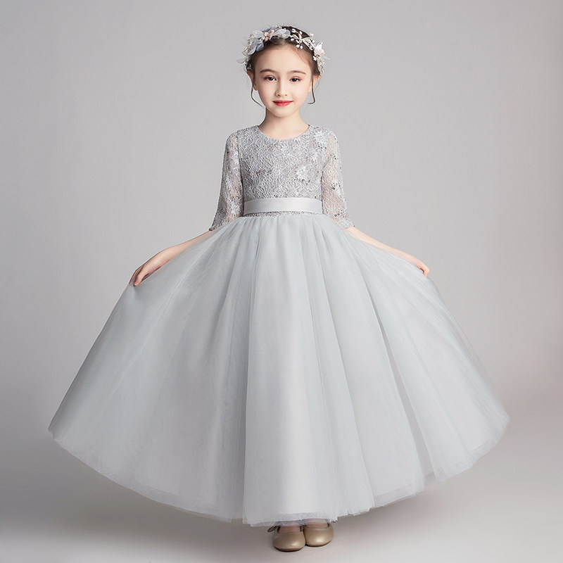 儿童礼服公主裙女童长袖小女孩花童主持人钢琴演出服表演灰色夏季