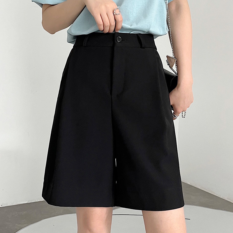 设计感灰色西装短裤女夏2023新款高腰显瘦宽松a字阔腿休闲五分裤