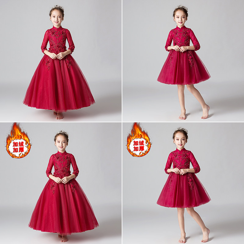 儿童礼服公主裙女童生日红色主持人小花童婚纱钢琴演出服长袖秋冬