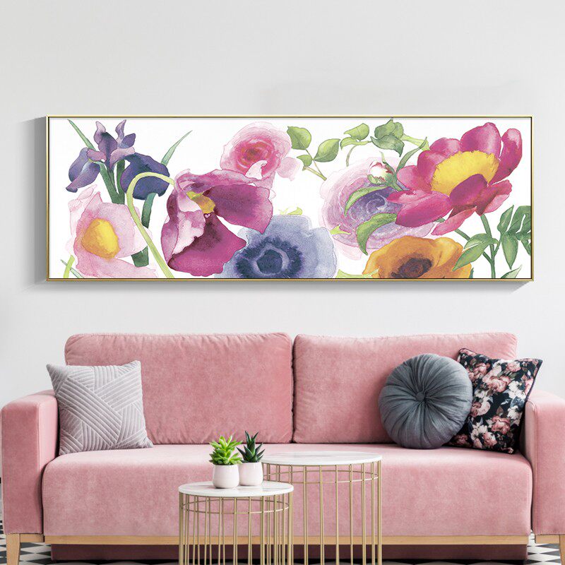 卧室床头装饰画粉色花卉治愈系女孩房间挂画横版客厅沙发背景墙画