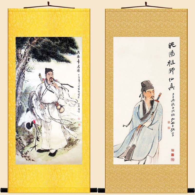 吕洞宾仙鹤神像画 张大千吕祖全真派祖师画像 丝绸画复古卷轴挂画