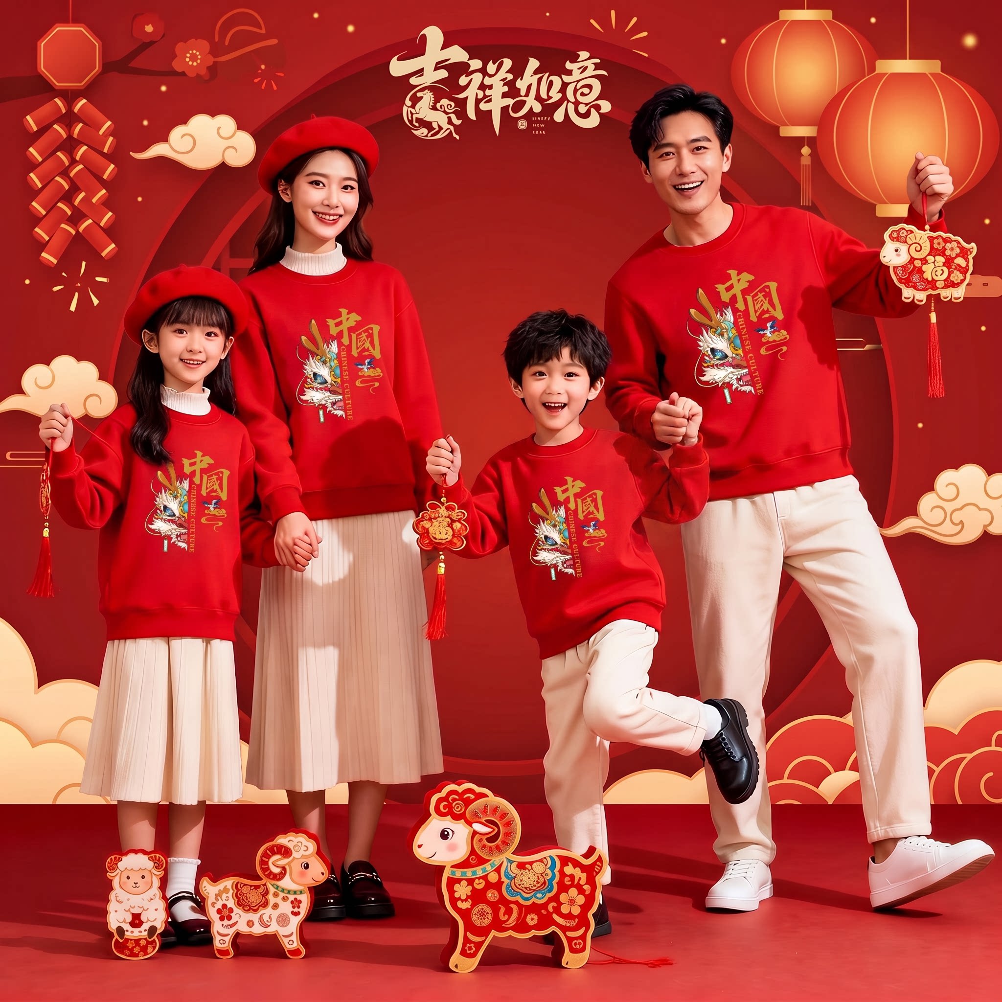 中国国潮风新年拜年服亲子装红色亲子装/亲子时装