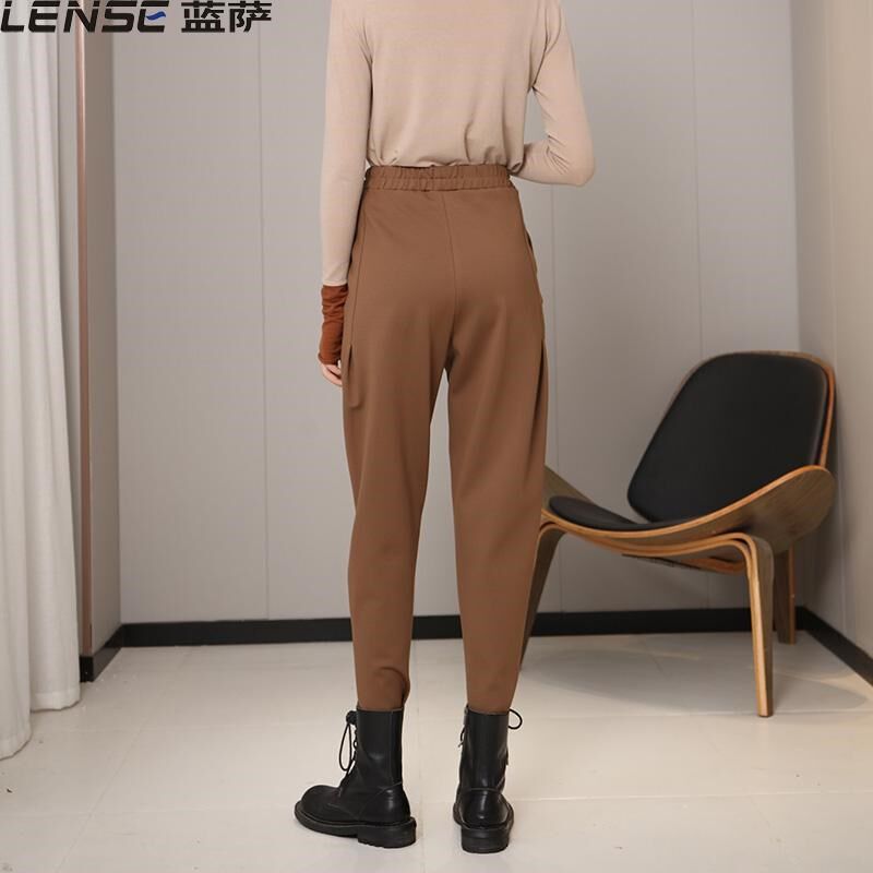 蓝萨2024秋冬新款加绒棕色裤子女锥形哈伦小脚大码咖色休闲靴裤