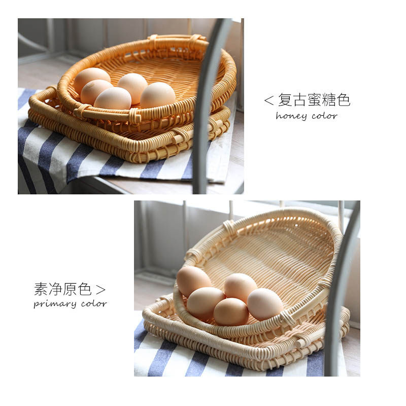 日式藤编收纳盘双耳托盘欧式田园藤盘面包盘食品收纳筐圆形展示篮