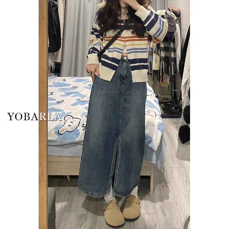 复古开叉牛仔半身裙女夏季高腰大码胖mm显瘦梨形身材中长款a字裙