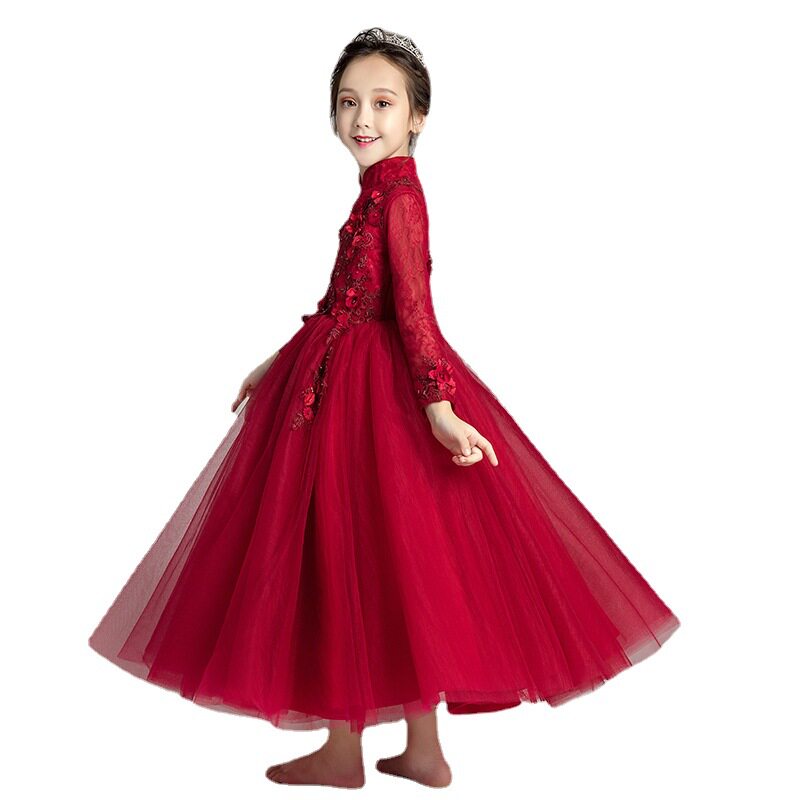 女童生日公主裙酒红色长袖晚礼服蓬蓬纱儿童钢琴演出服婚纱裙花童
