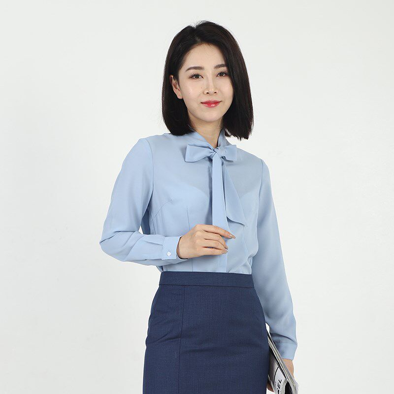 领创宝马4S店新款修身女士蓝色雪纺长袖衬衫工装职业女衬衣工作服