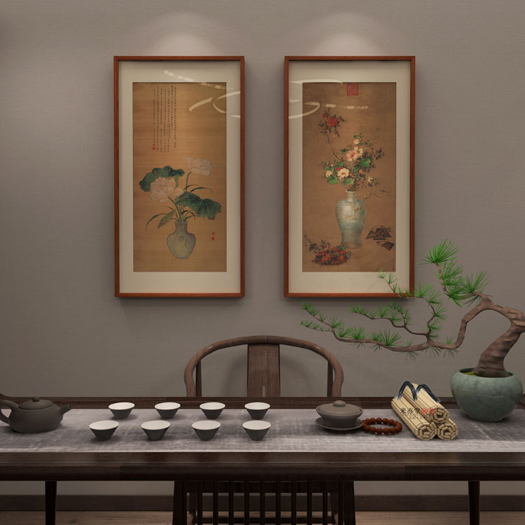 米亦堂x午瑞图 郎世宁新中式花鸟国画办公室餐厅书房玄关双联挂画