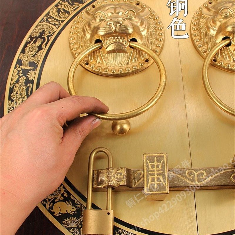 中式仿古纯铜大门拉手门栓老式铜把手复古典木门插销圆形黄铜门锁