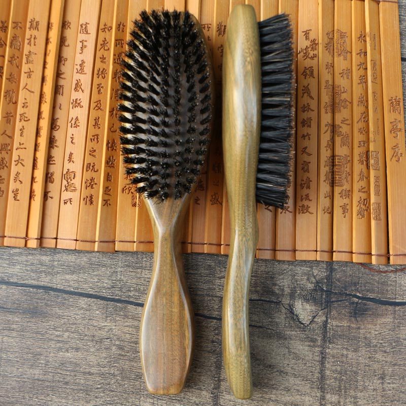 天然绿檀木梳子猪鬃毛刷木梳檀香梳抚顺发丝耐用实木梳子长20厘米