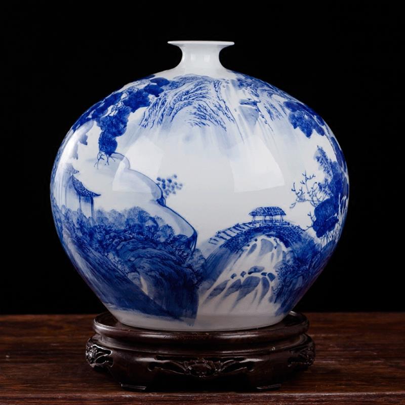 景德镇陶瓷器手绘青花瓷花瓶石榴瓶山水画仿古中式客厅博古架摆件