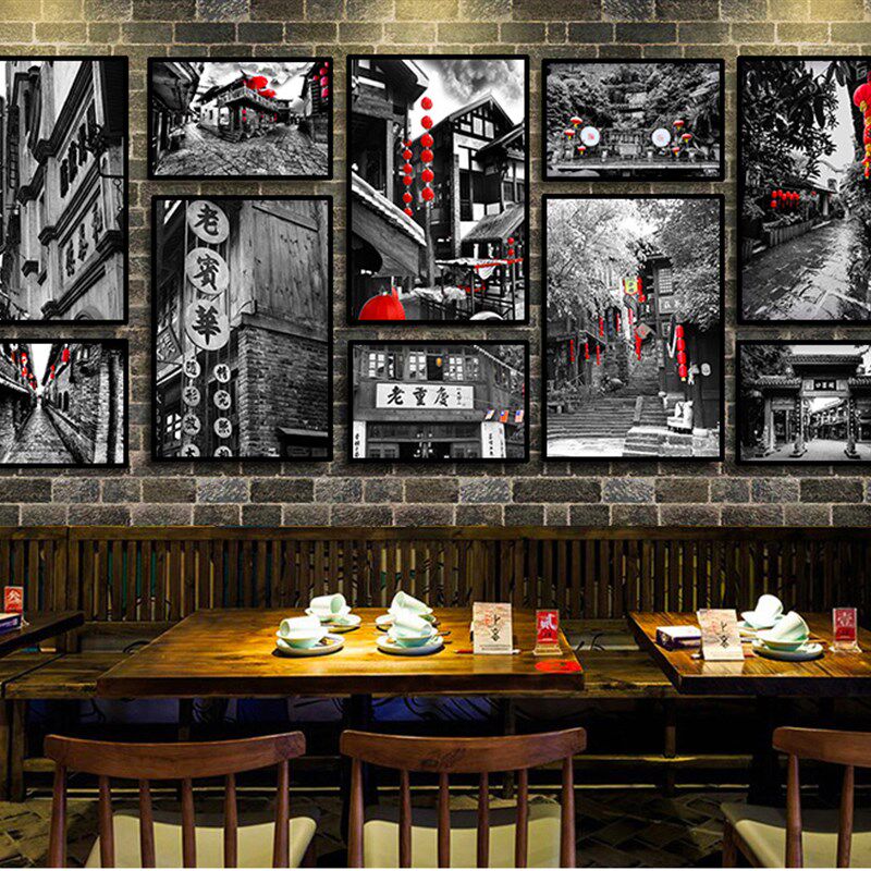 黑白老照片装饰复古怀旧挂画餐厅壁画重庆火锅餐馆饭店个性墙面画
