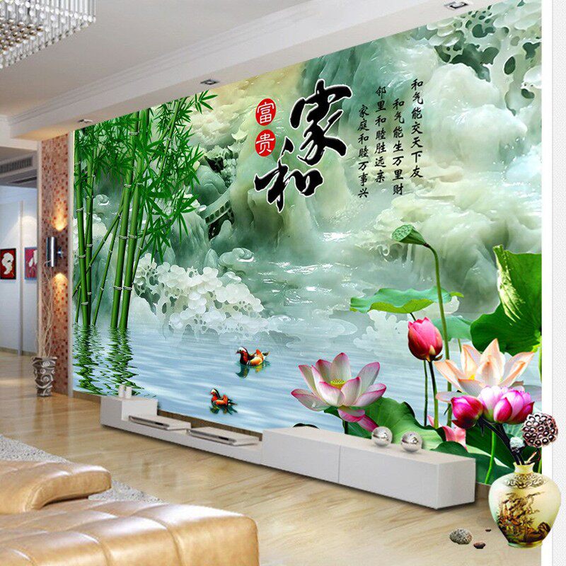 3D中式大气山水竹子电视背景墙纸客厅8d立体浮雕壁画5D影视墙璧纸