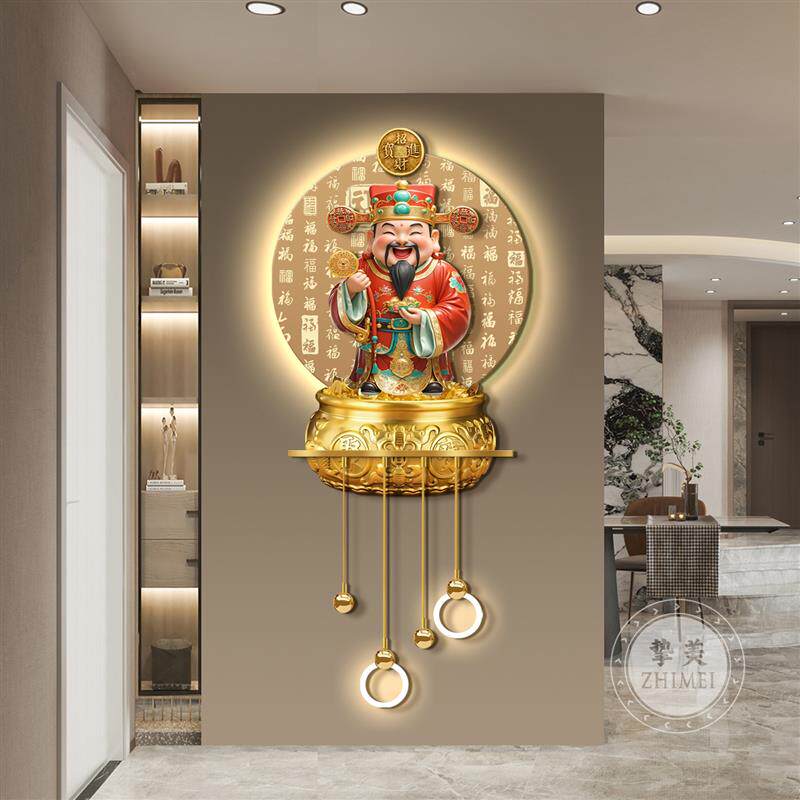 招财进宝财神爷客厅玄关装饰画格栅挂件玄关走道LED灯聚宝盆挂画