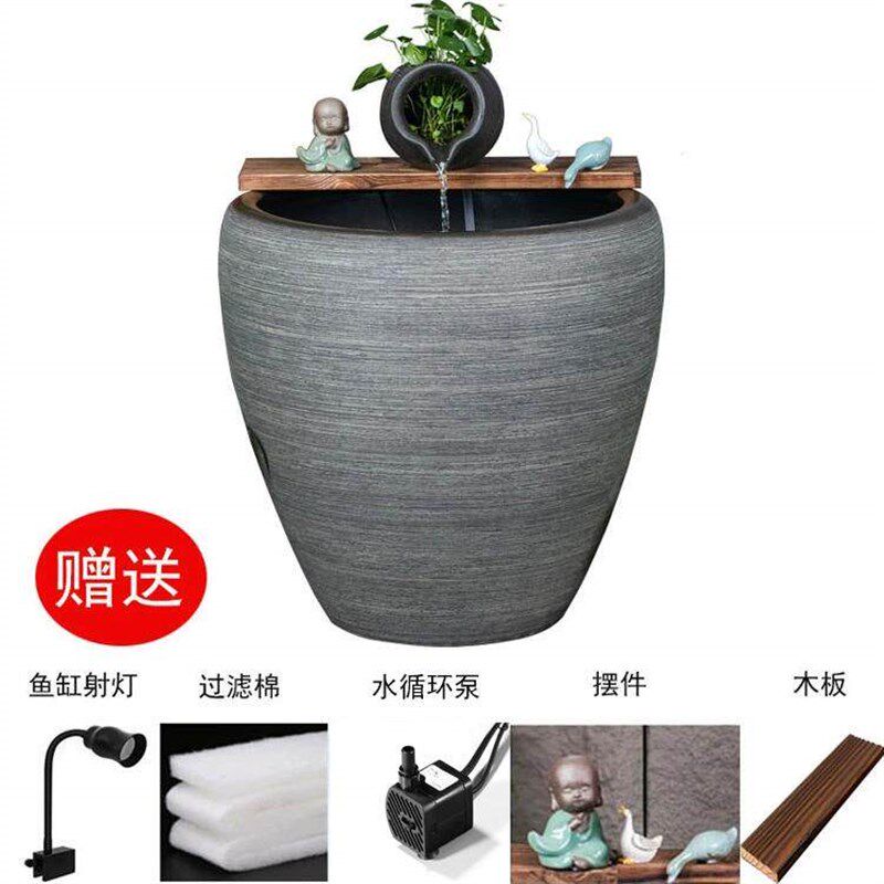 加高陶瓷大缸古法养鱼缸客厅阳台金鱼缸陶罐循环流水造景老式水缸