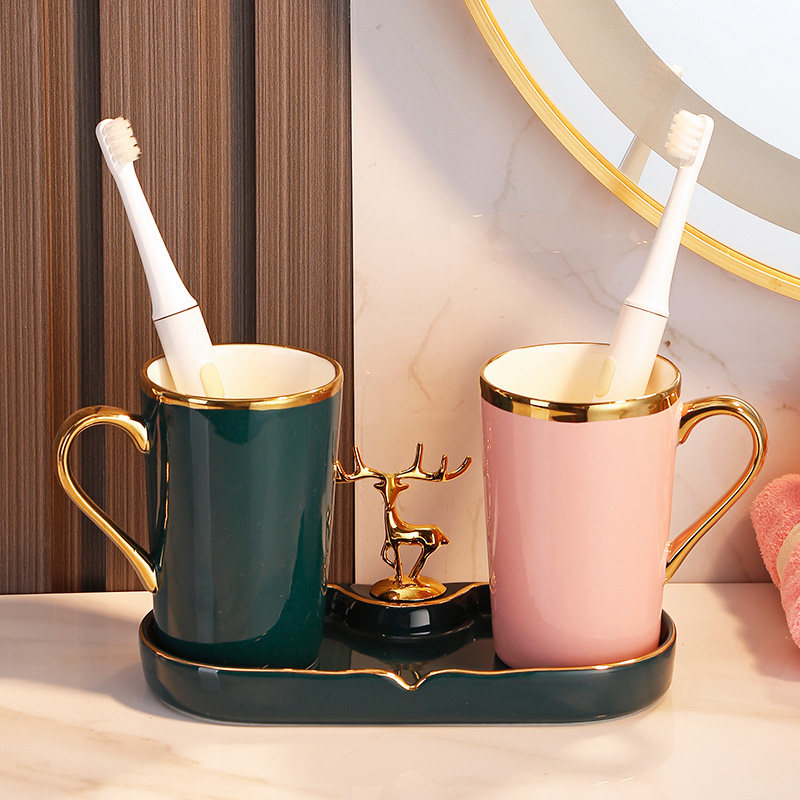 情侣轻奢漱口杯置物架陶瓷洗漱杯子牙具杯刷牙杯一对牙刷牙杯套装