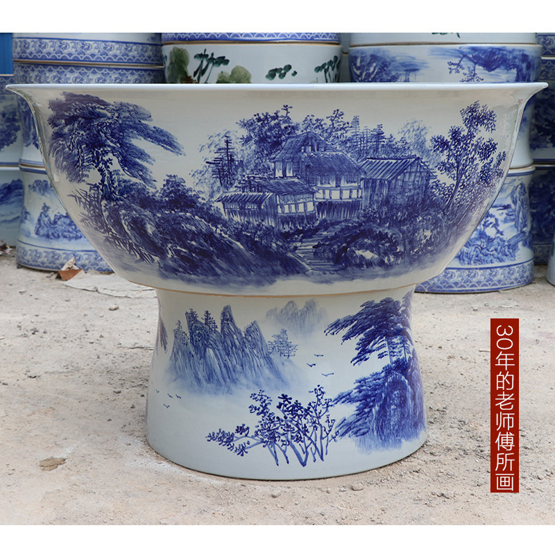 景德镇陶瓷大缸金鱼荷花缸特大号庭院风水招财手绘青花立柱鱼缸盆